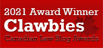 2021 Award Winner Clawbies (white writing on a red background): Canadian Law Blog Awards (darker red writing on a lighter red background).